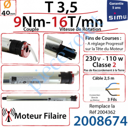 2008674 Moteur Filaire T3,5 9/16 Avec FdC à Réglage Progressif sans Carré sans Mds Double Isolation Classe II Sans Fil de Terre