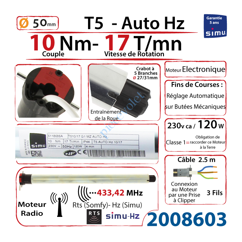 Simu 2008603 Moteur Electronique Radio T5 Auto Hz 10/17 Rts Réglage  Automatique Des Fdc Sans Mds